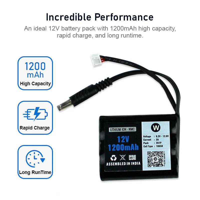 WATTNINE® 12V 1200mAh Rechargeable Lithium Battery with Warranty (includes BMS & balance pin) for GPS, CCTV, Industrial and Commercial Application - Image 3