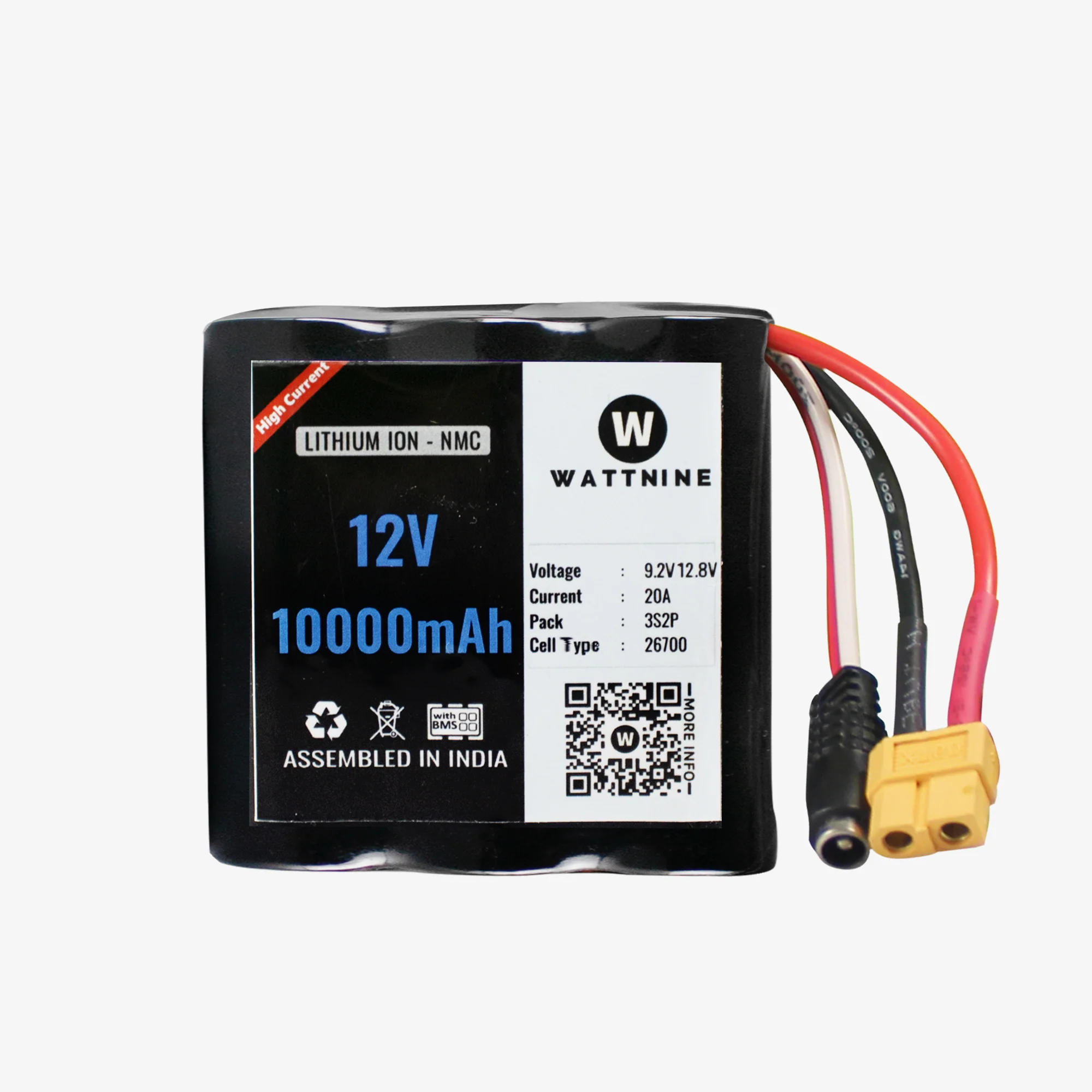 WATTNINE® 12V 10Ah Rechargeable Lithium Ion (NMC) Battery Pack with 3 year warranty for Agricultural, Industrial and Commercial Applications