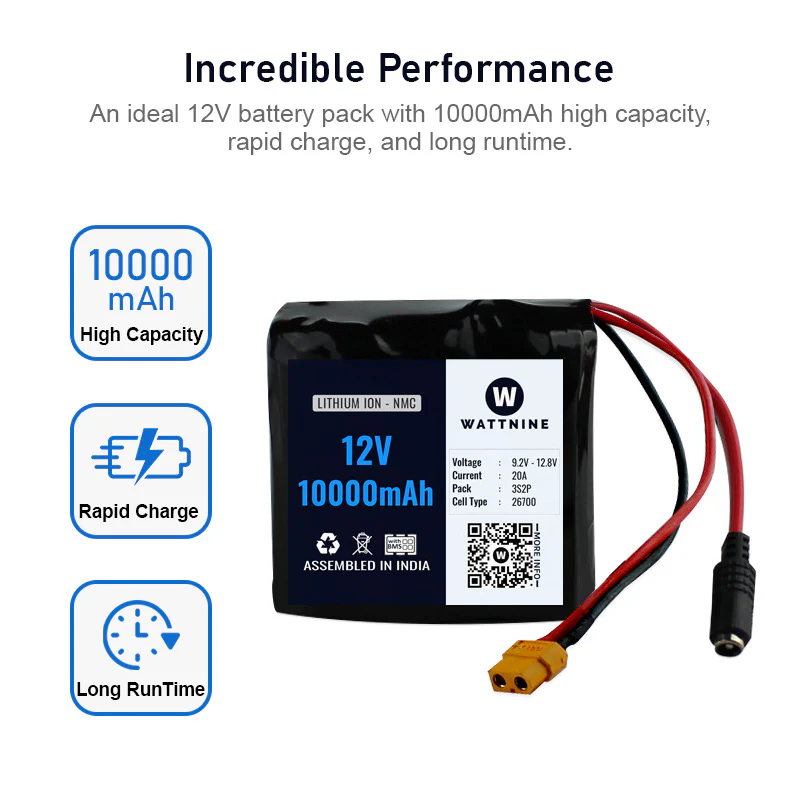 WATTNINE® 12V 10Ah Rechargeable Lithium Ion (NMC) Battery Pack with 3 year warranty for Agricultural, Industrial and Commercial Applications - Image 3