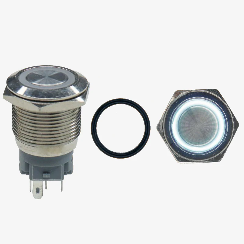 Flat Head 12mm 12V Ring Light Self-Lock Non-Momentary Metal Push-Button Switch - Blue Light - Image 2