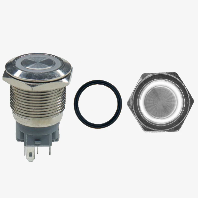 Flat Head 12mm 12V Ring Light Self-Lock Non-Momentary Metal Push-Button Switch - White Light - Image 2