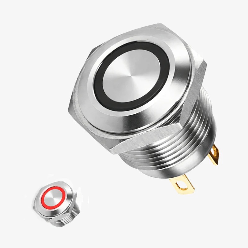 Flat Head 16mm 3V-6V Ring Light Non-Latching Metal Push-Button Switch - Red Light - Image 2