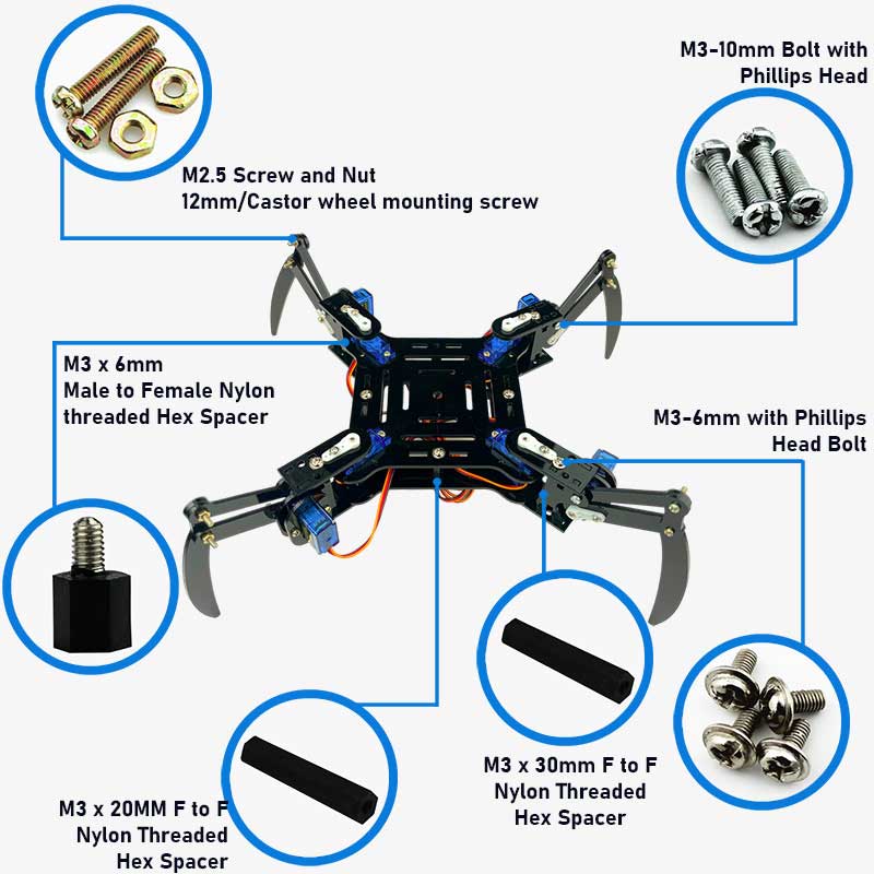 Quadruped Spider Robot DIY Kit with 4 Legs- Acrylic Parts, Nuts, Bolts and Spacers with Assembly Video - Image 3